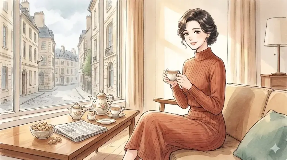 温かい光が差し込むレトロなアパートの一室で、穏やかに微笑みながらティーカップを持つ黒髪の女性のオリジナルイラスト。窓の外にはヨーロッパ風の街並みが見え、テーブルには新聞とピーナッツが置かれている。水彩画調で描かれた、安堵と平穏を感じさせる日常のワンシーン。