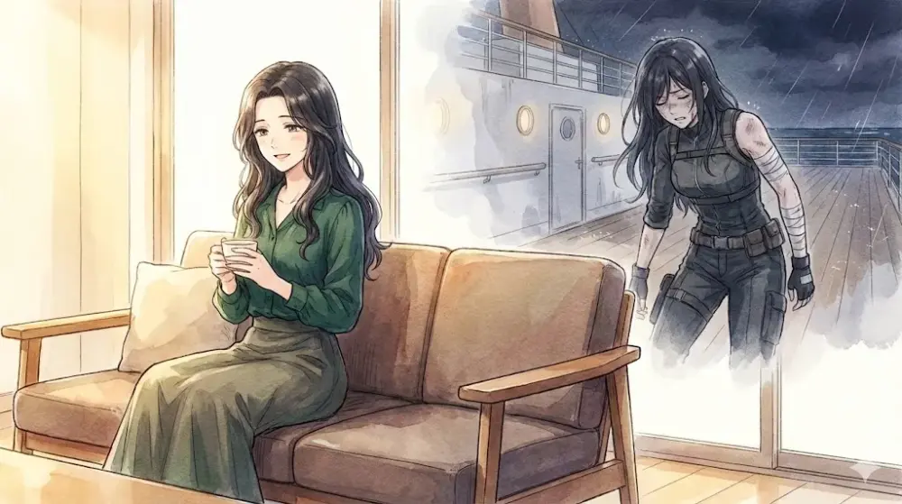 温かい光が満ちる部屋で、安堵の表情でソファに座る黒髪の女性のオリジナルイラスト。彼女の背後にある大きな窓には、嵐の夜の豪華客船の甲板で、傷つきながらも戦う過去の彼女自身の姿が、青白く冷たい回想シーンとして浮かび上がっている。水彩画調で描かれた、現在の平穏と過去の危機の対比。