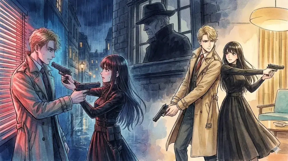 スパイと殺し屋の男女が、正体が露見した際の二つの可能性を示す対照的な構図のオリジナルイラスト。左側の冷たい雨の夜景では、互いに苦渋の表情で銃を向け合っている。右側の温かい室内の光の中では、背中合わせで共闘の構えを取り、信頼し合う視線を交わしている。その背後の窓には、二人を監視するような不気味な男の影が浮かび上がっている。水彩画調で描かれた、緊張と希望が入り混じる劇的なシーン。