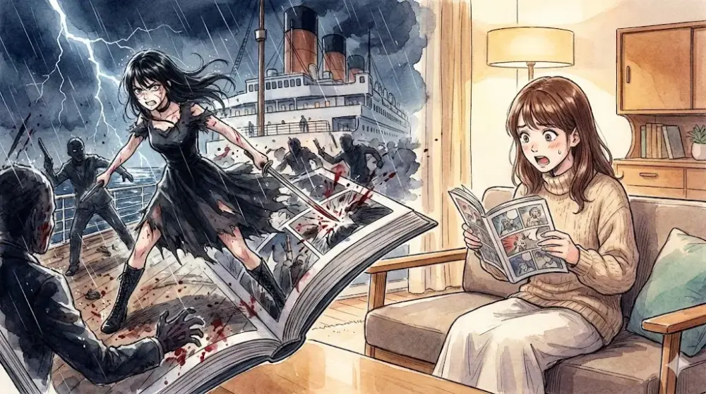 温かい部屋で漫画を読み、驚愕の表情を浮かべる女性のオリジナルイラスト。彼女が開いた本からは、嵐の豪華客船で黒いドレスを着た女性が多数の敵と壮絶な死闘を繰り広げる様子が、飛び出すように描かれている。水彩画調で表現された、現実の穏やかさと物語の激しさの対比。