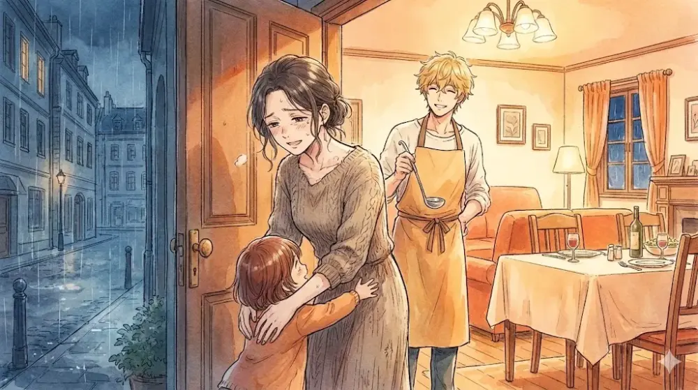 冷たい雨が降る夜の街から、温かい光に満ちた自宅の玄関に入り、安堵の表情で子供を抱きしめる黒髪の女性のオリジナルイラスト。エプロン姿の金髪の男性が笑顔で出迎えており、食卓には夕食が用意されている。水彩画調で描かれた、過酷な外の世界と温かい家庭の対比が印象的なシーン。