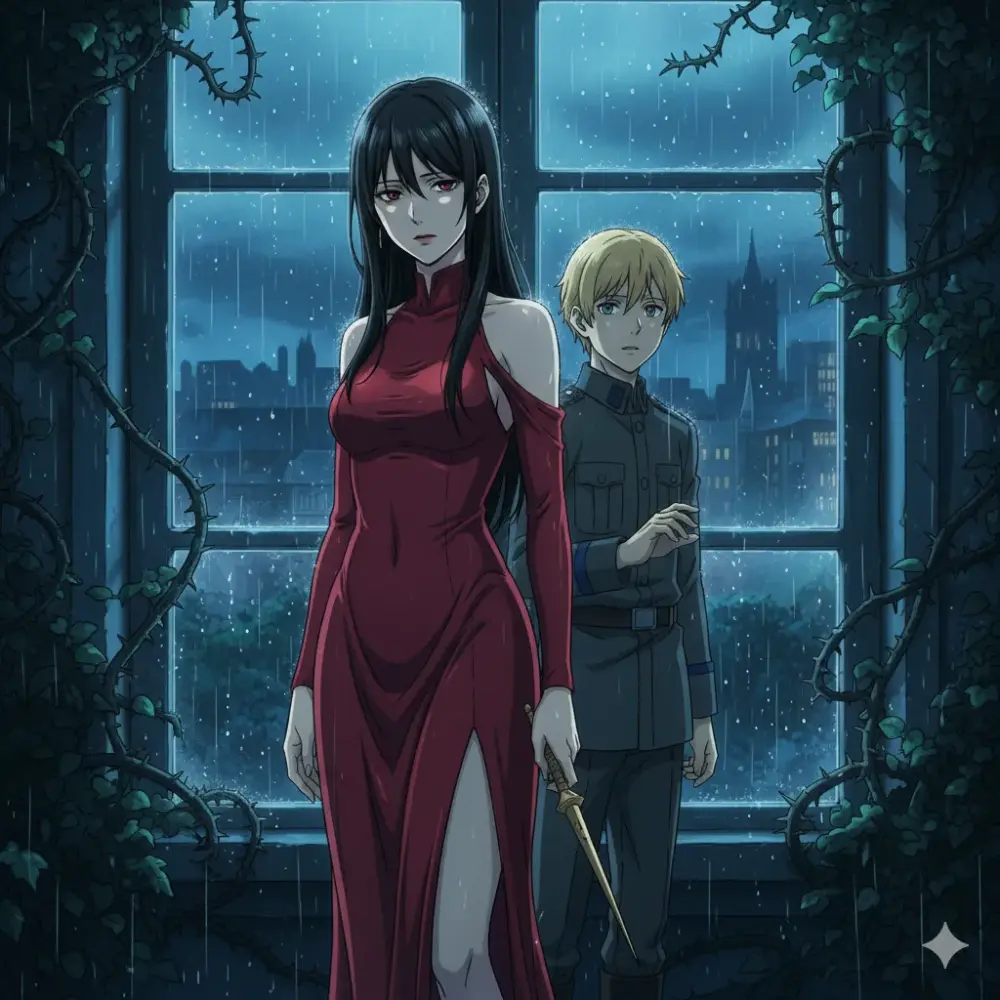 雨の降る夜、茨に囲まれた窓を背景に、赤いドレスの女性と軍服の少年が立つアニメ調のイラスト。