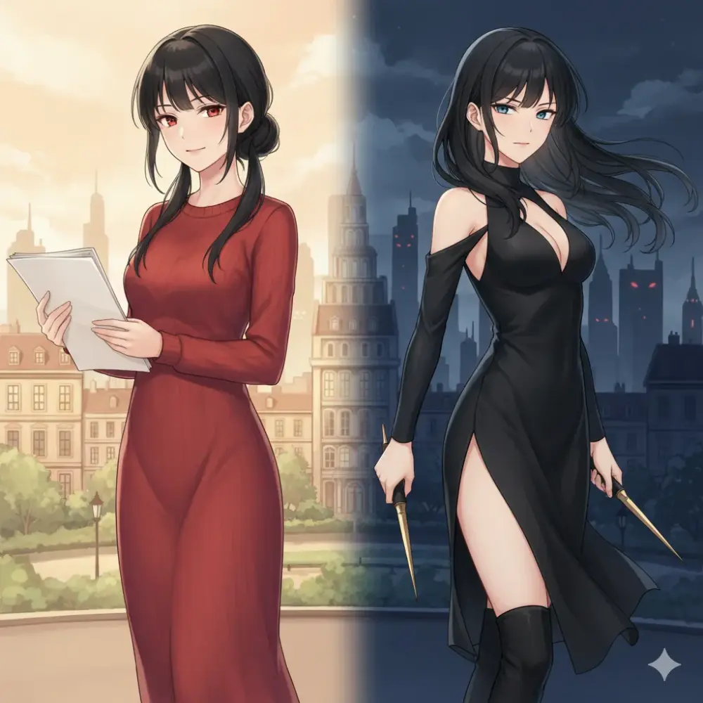 ヨルの持つ二つの顔、市役所職員としての一面と、暗殺組織「ガーデン」に所属する凄腕の殺し屋「いばら姫」としての一面が、同一人物の中に共存するような構図のイラスト。背後にバーリントの街並みを背景に、月明かりが彼女を照らしている。