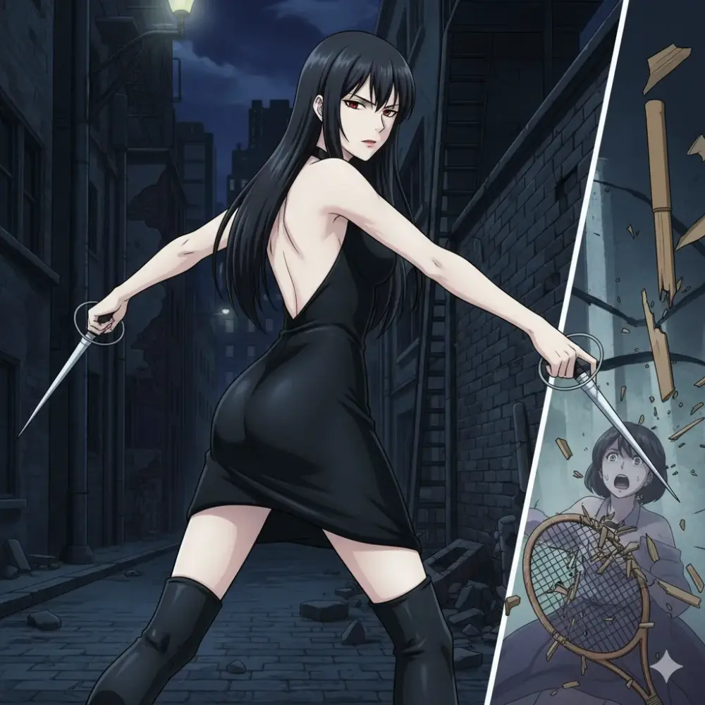 暗闇で武器を構える女性と、破壊されたラケットに驚く女性