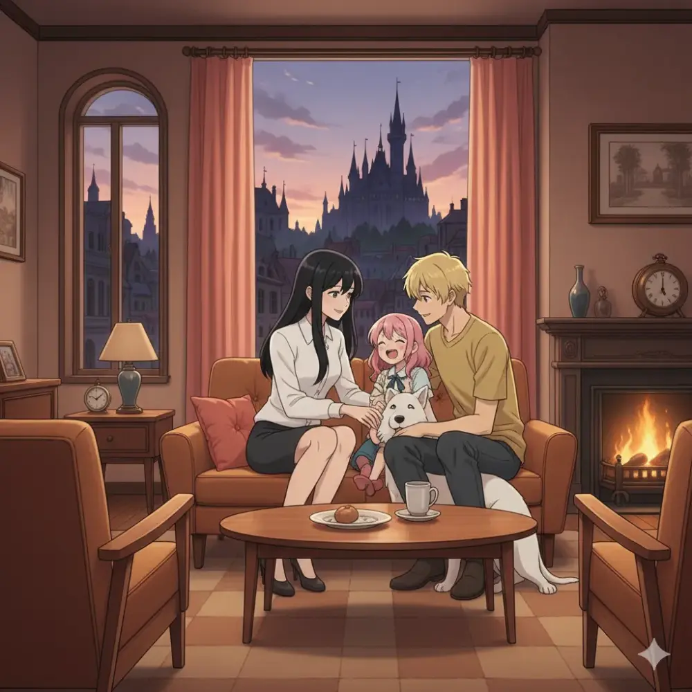 夕暮れ時、家族がリビングで暖炉を囲む心温まる光景