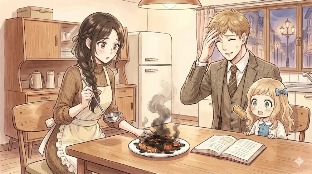 レトロな雰囲気のキッチンで、エプロンをつけた女性が焦げ付かせた料理をお皿に盛り付けている。その隣では男性が困ったように額に手を当てて笑い、テーブルの向かい側では幼い子供が驚いたような表情で男性を見上げている。
