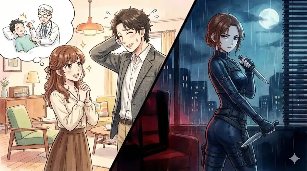 画面が斜めに分割され、左側は明るいリビングの日常風景、右側は月明かりに照らされた夜の街並みを背景にしたシリアスなシーンが描かれている。左側では、一人の女性が男性を見上げて手を合わせ、驚きと感心の表情を浮かべている。男性は困ったような笑顔で頭をかいている。女性の頭上には、医者が患者を診察している想像の吹き出しがある。右側では、全身黒い服装の女性がナイフを二本持ち、窓の外の月を見据えながら警戒している。