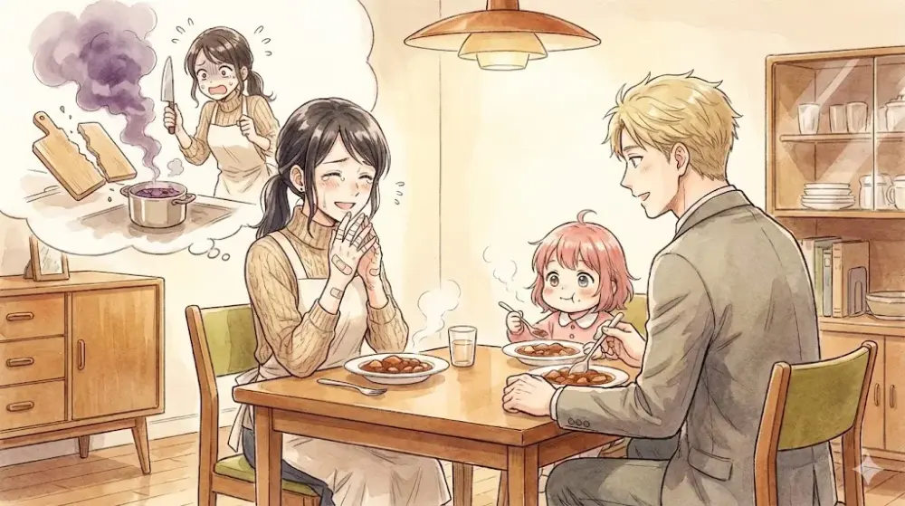 温かみのあるダイニングルームで、テーブルを囲む3人の人物が描かれている。左側の女性はエプロンをつけ、絆創膏だらけの手で顔を覆い、安堵と喜びが混じったような表情を見せている。テーブルには温かいシチューが並べられ、中央の幼い子供はスプーンでシチューを食べながら満足げな笑顔を見せ、右側の男性も優しい笑顔で子供を見ている。女性の左上には、まな板が割れ、鍋から紫色の煙が立ち上る、料理の失敗シーンを想像させる吹き出しが描かれている。