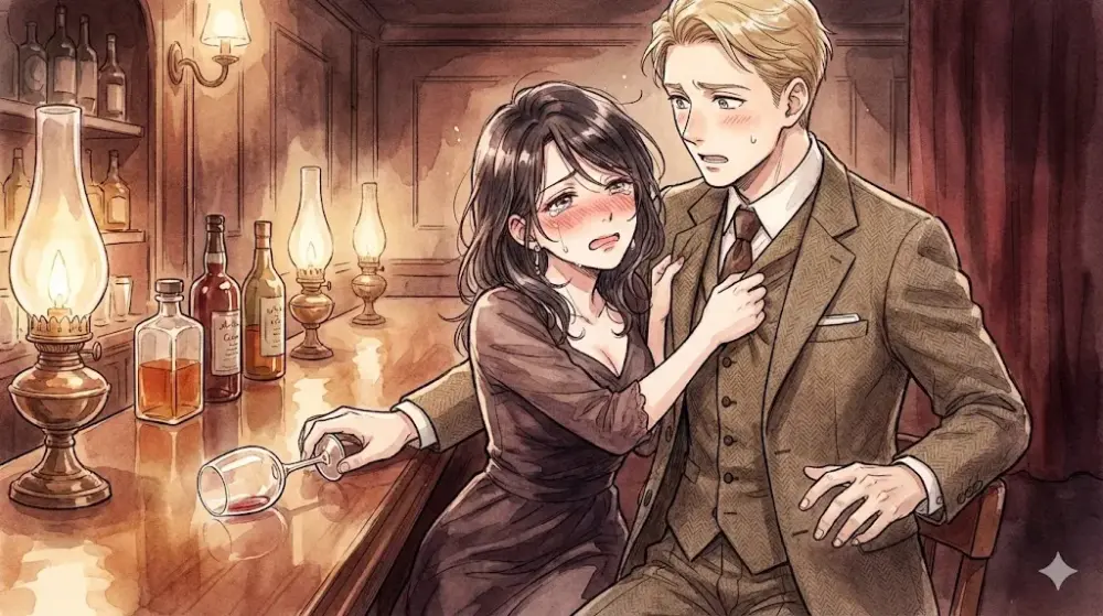 レトロな雰囲気のバーカウンターで、一人の女性が男性に抱きつくようにして泣いている。女性の顔は赤く染まり、酔っている様子がうかがえる。彼女の手には空になったワイングラスが握られており、カウンターにはランプや様々な種類の酒瓶が並んでいる。男性は少し困惑した表情で、女性を見下ろしている。