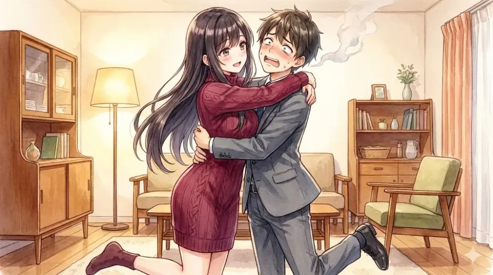 温かみのあるリビングルームで、長い黒髪の女性がスーツ姿の男性に全力で抱きついている水彩風のイラスト。女性は満面の笑みを浮かべているが、抱きしめられている男性は力強さに顔を引きつらせ、足が浮き上がり、口から魂のような煙が出ているコミカルな様子が描かれている。男性の表情は苦悶と喜びが入り混じっている。