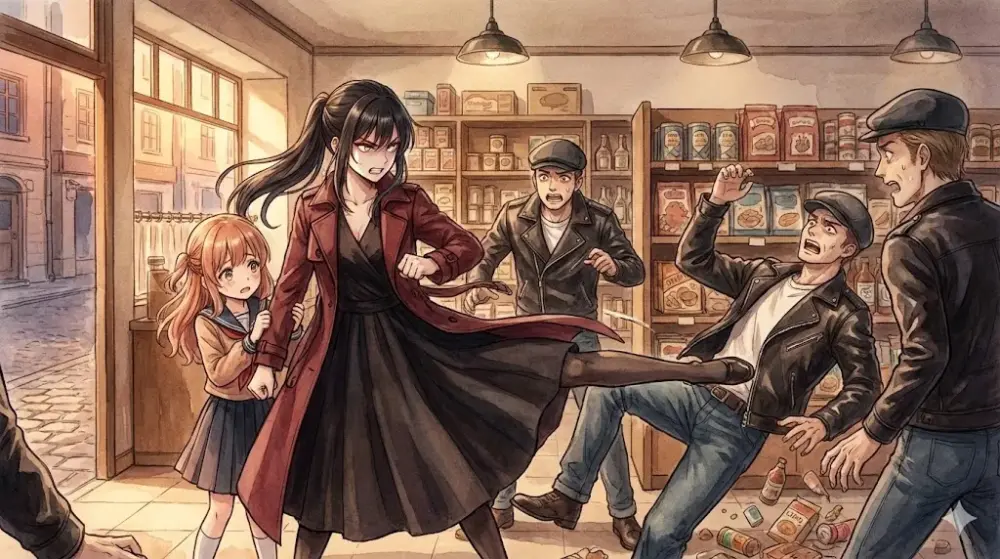 レトロな雰囲気のスーパーマーケットで、赤いトレンチコートを着た黒髪の女性が、制服姿の幼い少女を背にかばいながら、襲い掛かってきた不良の一人を蹴り飛ばしている水彩風のイラスト。女性は鬼気迫る表情で、蹴られた不良は棚にぶつかり、他の不良たちも驚愕の表情で後ずさりをしている。少女は不安そうに女性のコートを掴んでいる。夕暮れの光が窓から差し込み、店内に長い影を落としている。