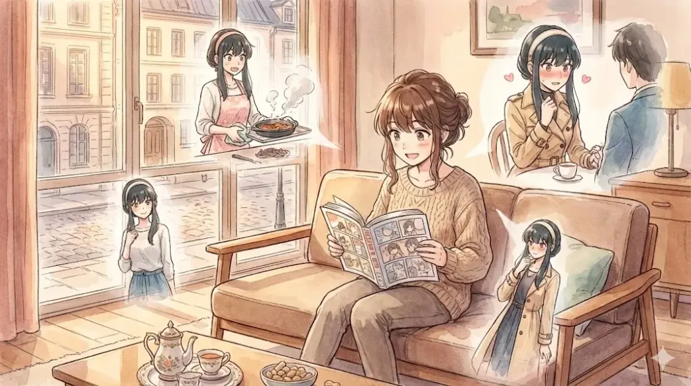 温かみのあるリビングで、一人の若い女性がソファに座り、漫画を読んで幸せそうに微笑んでいる水彩風のイラスト。彼女の周りには、漫画の内容を想像したと思われる、黒髪の女性（ヨルさん風のオリジナルキャラ）の様々な姿が半透明で浮かんでいる。失敗した料理を持つエプロン姿、トレンチコートを着て男性とデートし頬を赤らめる姿、カジュアルな私服姿などが描かれている。部屋はレトロなヨーロッパ調で、夕暮れの光が差し込んでいる。