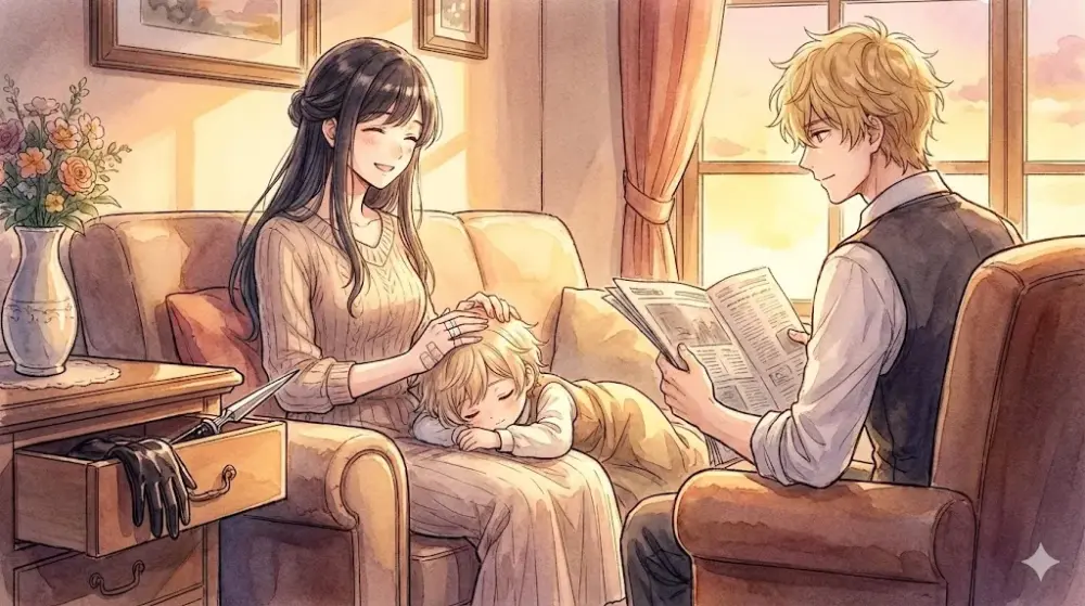 夕暮れ時の温かいリビングルームで、穏やかな時間を過ごす家族の水彩風イラスト。ソファに座る黒髪の女性は、膝の上で眠る子供の頭を優しく撫でている。彼女の指には絆創膏が貼られている。その隣のサイドテーブルの引き出しが少し開いており、中には黒い手袋と鋭利な武器が見えている。向かい側の肘掛け椅子に座る金髪の男性は、新聞を片手に、優しい眼差しで二人を見守っている。部屋全体が夕日の温かい光に包まれている。