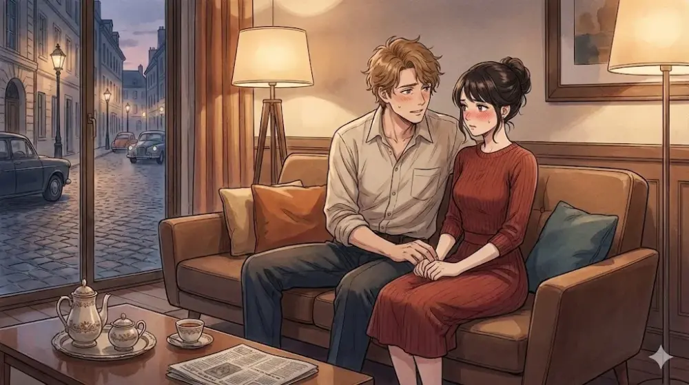 黄昏時のヨーロッパの街並みを背景に、温かい室内でソファに座る男女。男性は隣の女性に優しく手を差し伸べ、女性は少し照れた様子で彼を見つめている。