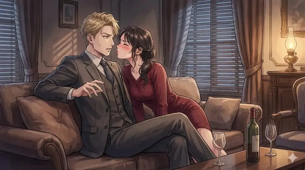 ブラインドから光が差し込むシックな部屋で、ソファに座る男性の顔に、顔を赤らめた女性が身を乗り出している。テーブルにはワインボトルとグラスが置かれている。