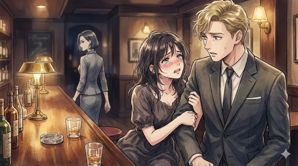 薄暗いバーのカウンターで、涙目で男性の腕を掴む女性。男性は心配そうに彼女を見つめ、その後ろには別の女性が立っている。