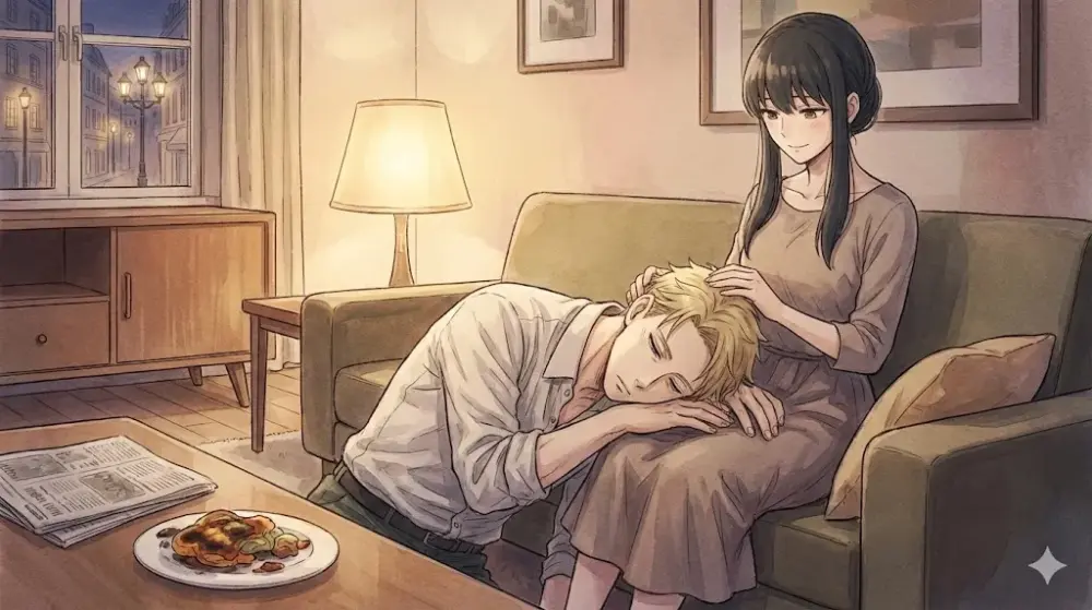 温かい光が灯る部屋で、ソファに座る女性の膝に男性が頭を乗せて眠っている。女性は優しく男性の頭を撫でており、テーブルには料理と新聞が置かれている。窓の外には夜の街並みが見える。 