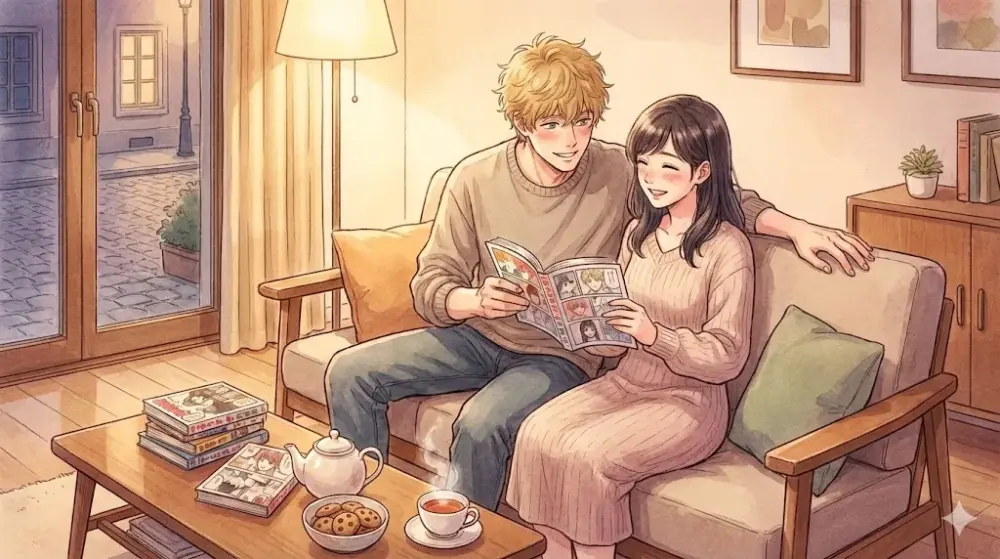 暖色系の照明が灯るリビングで、ソファに座る男女が仲良く漫画雑誌を読んでいる。テーブルには漫画の単行本、ティーセット、クッキーが置かれ、窓の外には石畳の街並みが見える。