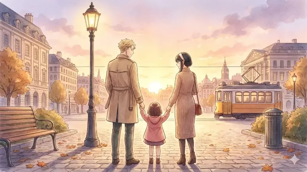 夕焼け空の下、石畳の広場で手をつないで立ち、奥に見える街並みと夕日を眺める家族。男性はトレンチコート、女性はワンピース、幼い少女はピンクのコートを着用している。右奥にはレトロな路面電車が停車している。