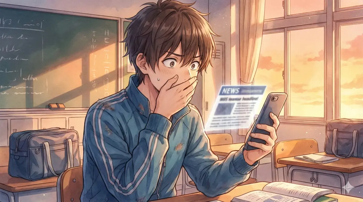 スマホで完結ニュースを見て驚愕する大喜を描いたアオのハコ完結予想記事のアイキャッチ