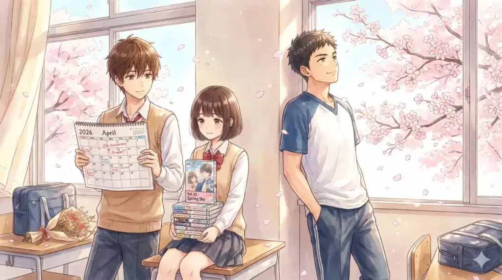 2026年4月のカレンダーと25巻を手に完結時期を逆算する大喜と千夏のアオのハコ予想図