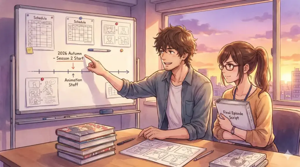 2026年秋のアニメ2期放送と原作完結のスケジュールリンクを解説する制作現場のイメージ