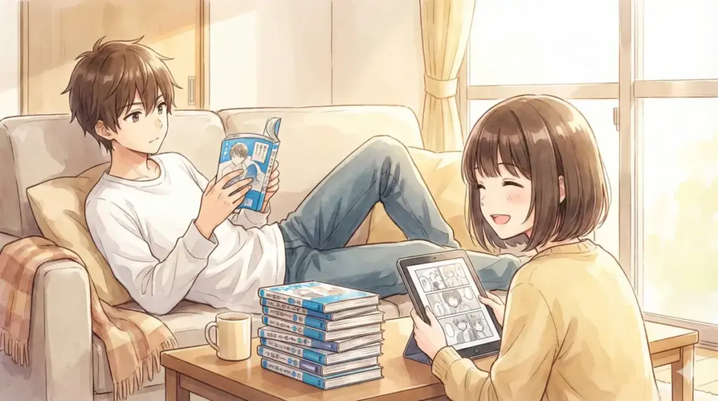 リビングでアオのハコのコミックスと電子書籍を読み返し熱狂を共有する男女の日常風景