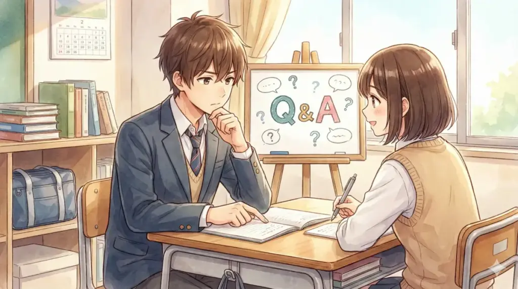 結婚やアニメ範囲など完結に向けた疑問をQ&Aボードの前で解説するアオのハコFAQイラスト