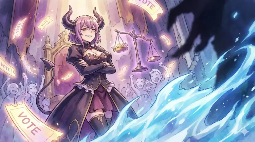 第2回人気投票2位で慢心する断頭台のアウラと熱狂するファン、迫るフリーレンの影を描くイラスト