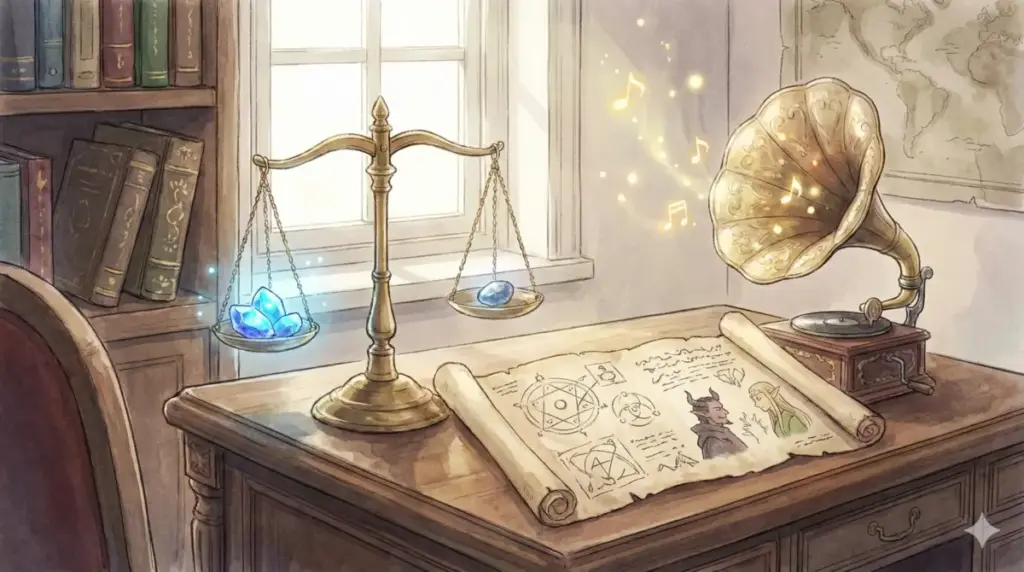 服従の天秤や魔導書が置かれた机を描きアウラの魔法や声優などの基礎知識を解説するFAQイラスト