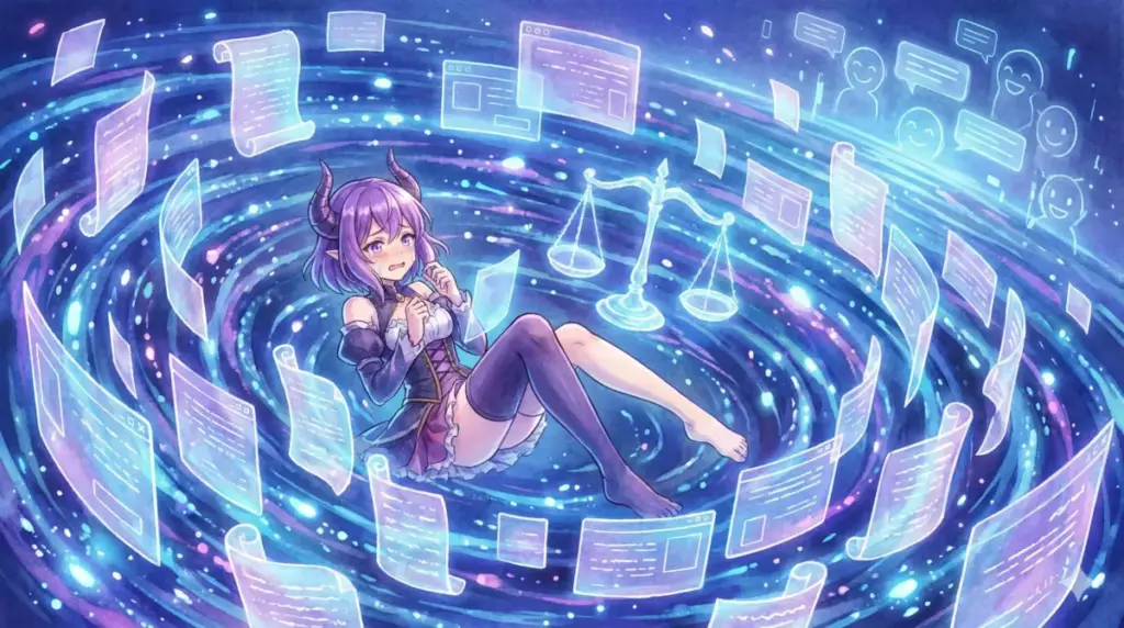 ネットの海で大量の命令ウィンドウに囲まれ永遠に服従し続ける愛すべきアウラを描くまとめのイラスト