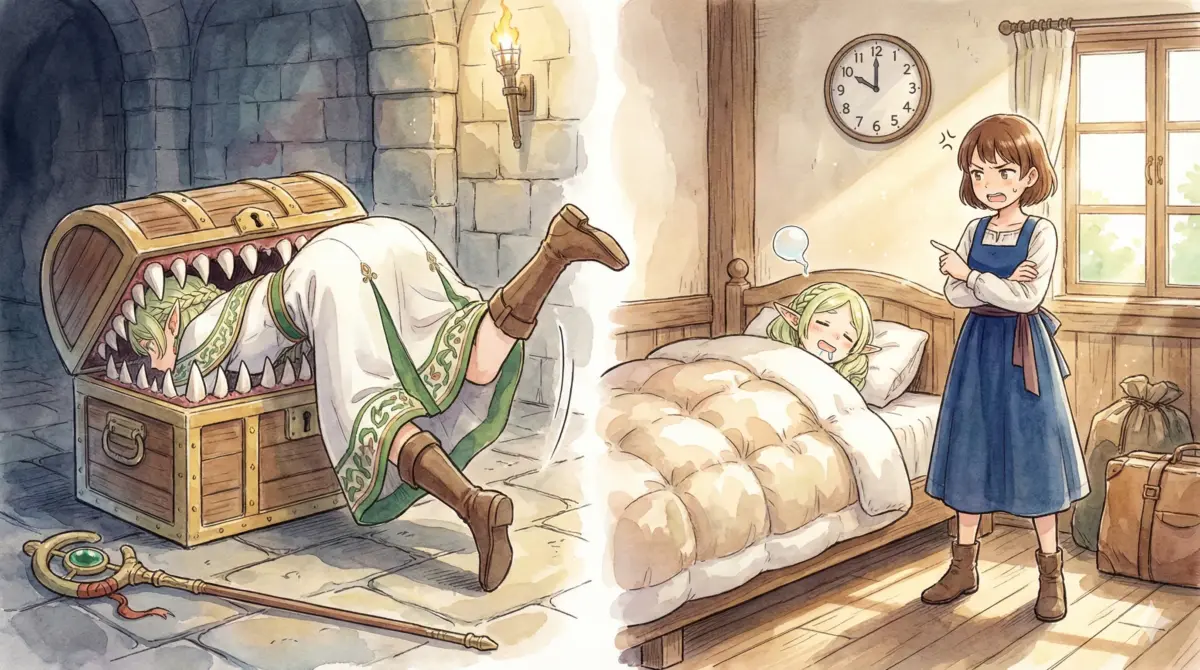 ミミックに食べられたりフェルンに起こされたりする最強エルフ・フリーレンのポンコツかわいいシーン