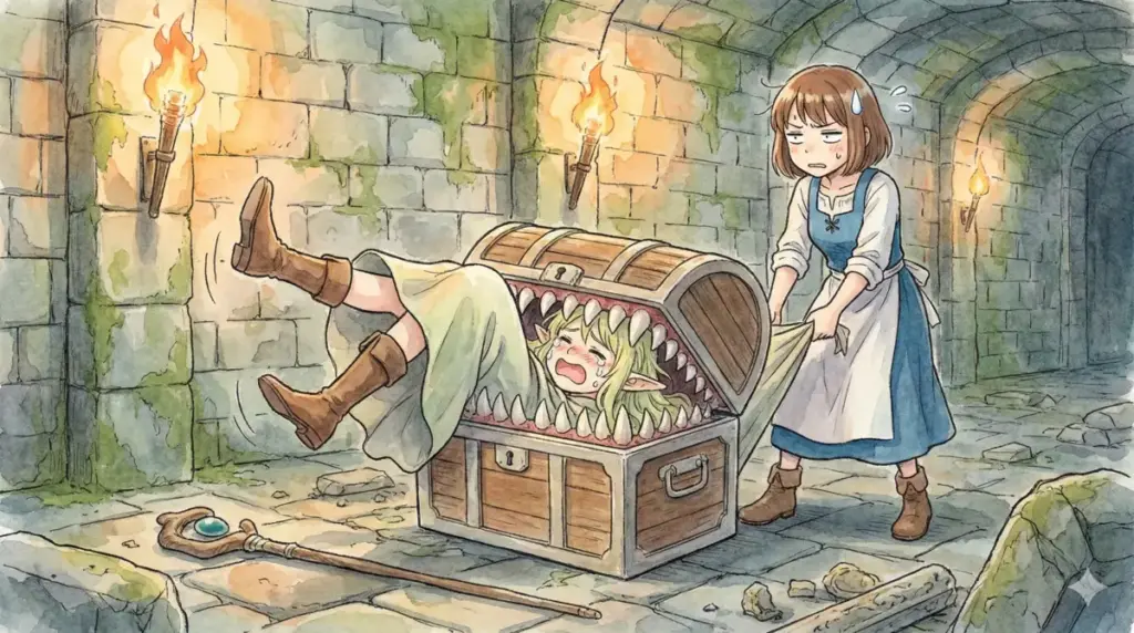 1%の可能性に賭けてミミックに突撃し「暗いよー！怖いよー！」と情けなく泣き叫ぶフリーレンの伝統芸