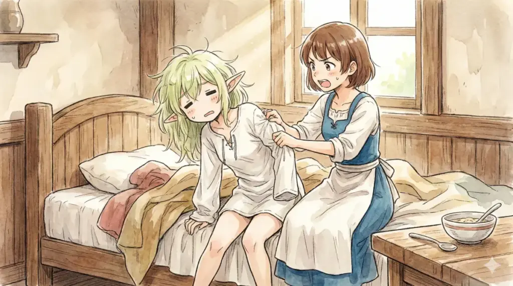 毎朝フェルンに起こされ服を着せられご飯を食べさせられるフリーレンの完全介護状態を描いたイラスト