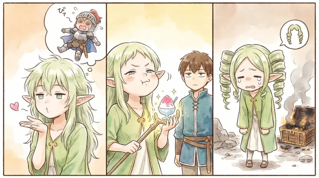 ヒンメルを瞬殺した投げキッス、ドヤ顔のむふー、ミミック脱出後の縦ロール姿などフリーレンのギャップ萌え3選