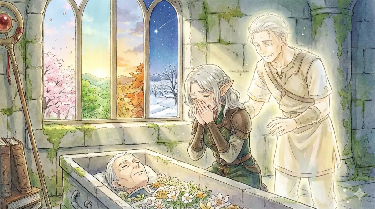 勇者ヒンメルの棺の前で涙を流し人間を知る旅に出ることを決意する1000歳のエルフの少女