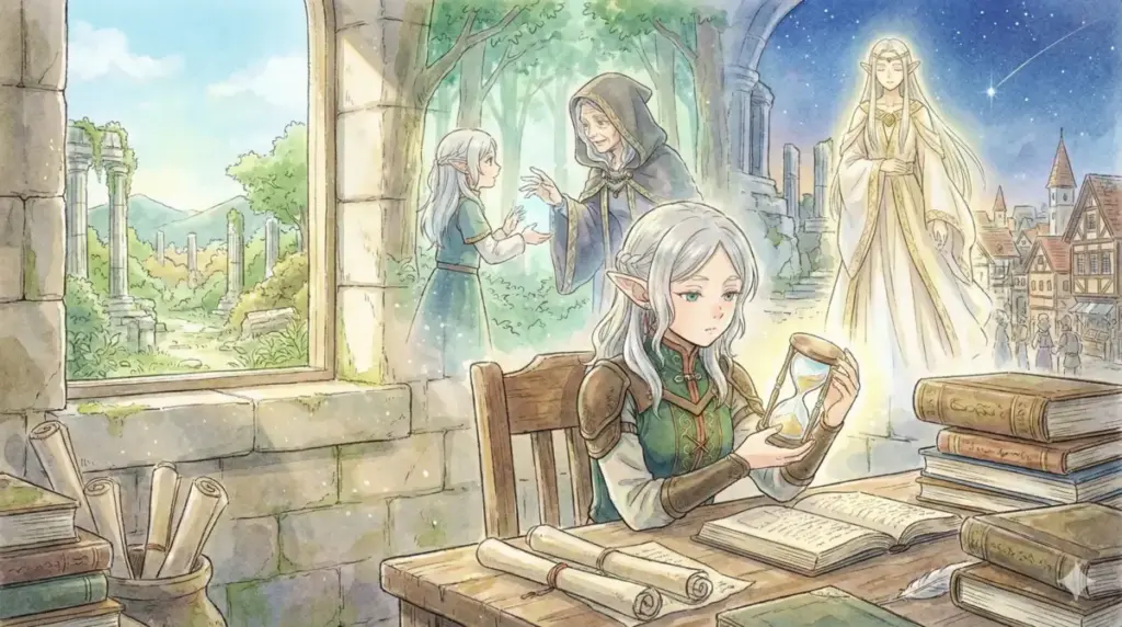 師匠フランメとの出会いから1000年以上の実年齢とエルフの寿命を砂時計で考察するイラスト