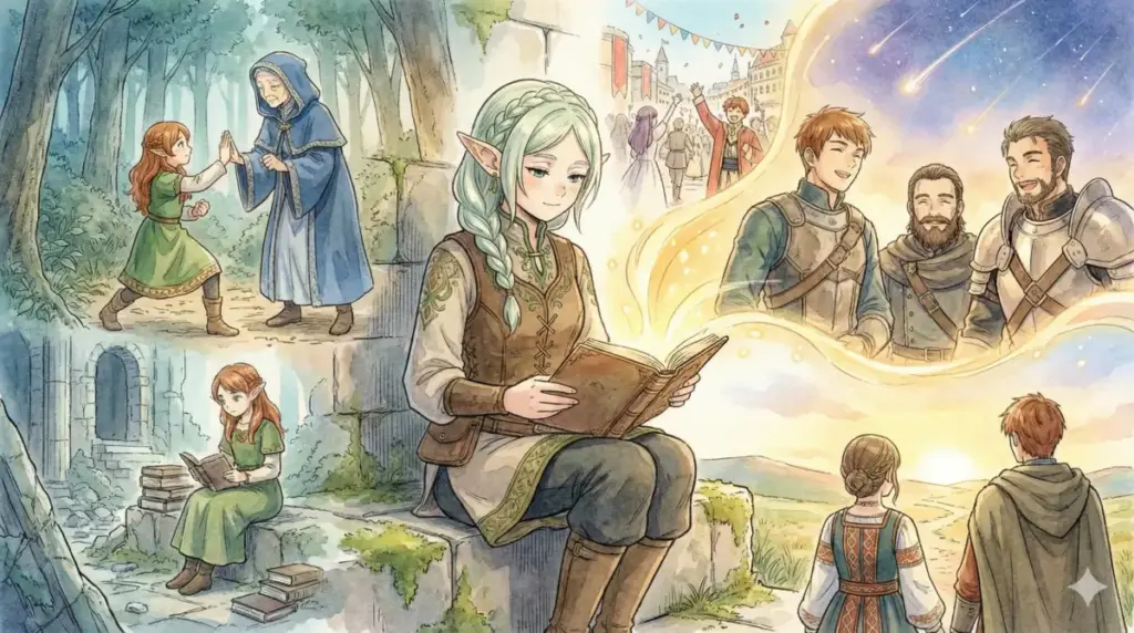 勇者ヒンメルたちとのたった10年の冒険が1000年の孤独を変えた人生年表を回想する様子