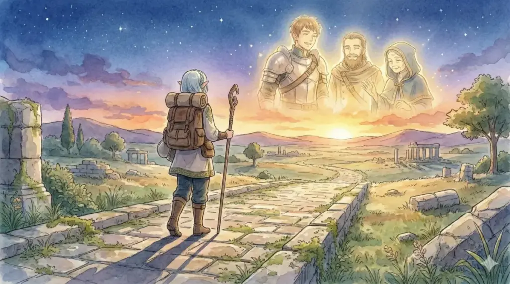 死んでしまった勇者ヒンメルを知るために人間を知る旅を続けるフリーレンの後ろ姿と追憶