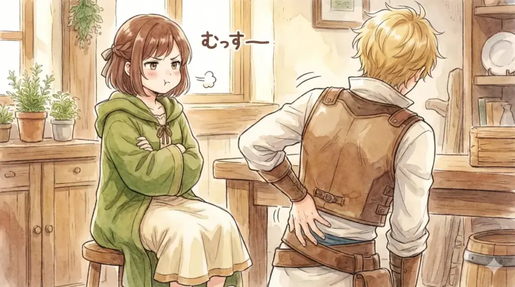 頬を膨らませたフェルンの伝説の「むっすー顔」とシュタルクへのポコポコ攻撃を描くイラスト