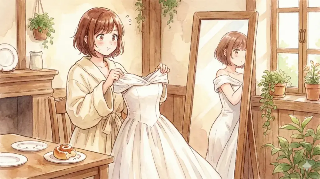 フェルンの「でぶ疑惑」を否定するローブ姿と着痩せしたドレス姿のスタイル比較イラスト