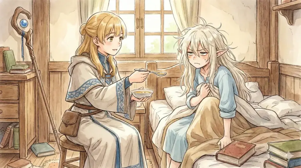 フリーレンに食事を食べさせる「フェルンママ」の世話焼き姿と毒舌な一面を描くイラスト