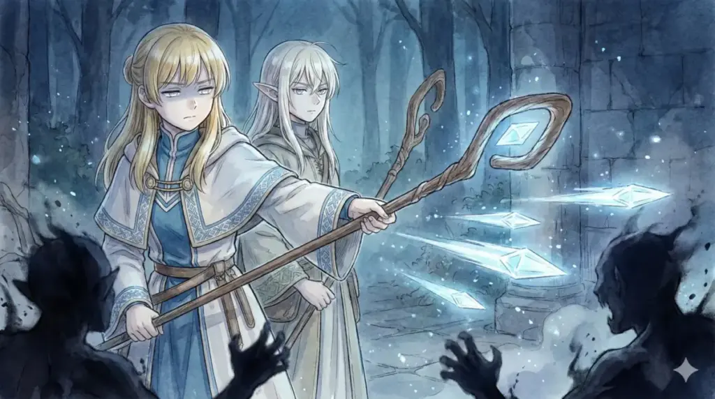 冷徹な視線で魔族にゾルトラークを放つフェルンの戦闘シーンとギャップ萌えを描くイラスト