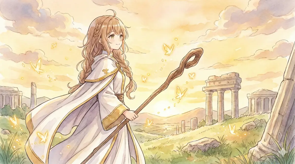 夕暮れの遺跡で杖を手に微笑むフェルンとアニメEDの墓標が示唆する切なすぎる未来のイメージ