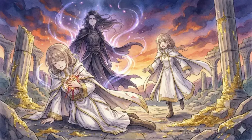 魔族ソリテールの攻撃で胸を貫かれ黄金化の魔法で仮死状態に陥るフェルンの衝撃的な絶望シーン