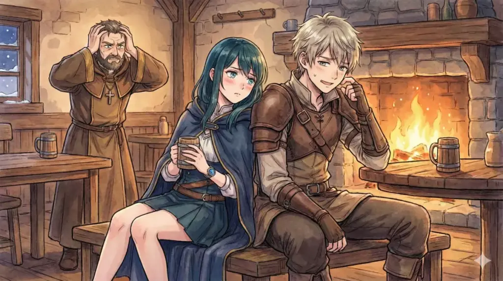 宿屋で仲直りするフェルンとシュタルクを見てザインが呆れる熟年夫婦のような距離感の解説画像