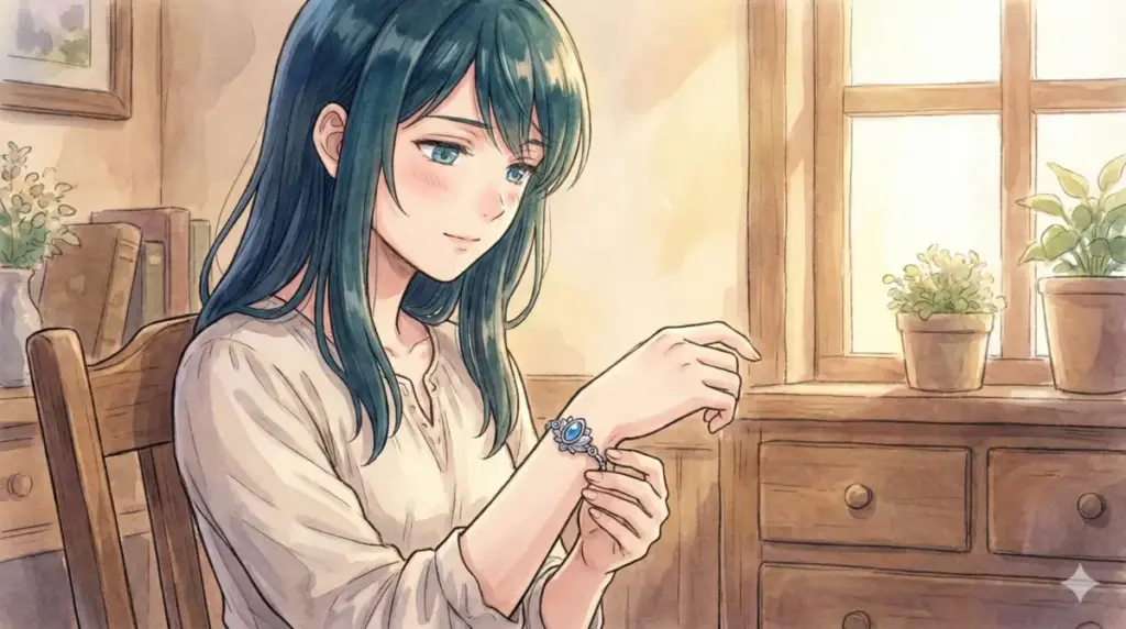 久遠の愛情を意味する鏡蓮華のブレスレットを大切そうに見つめるフェルンの恋の証拠シーン