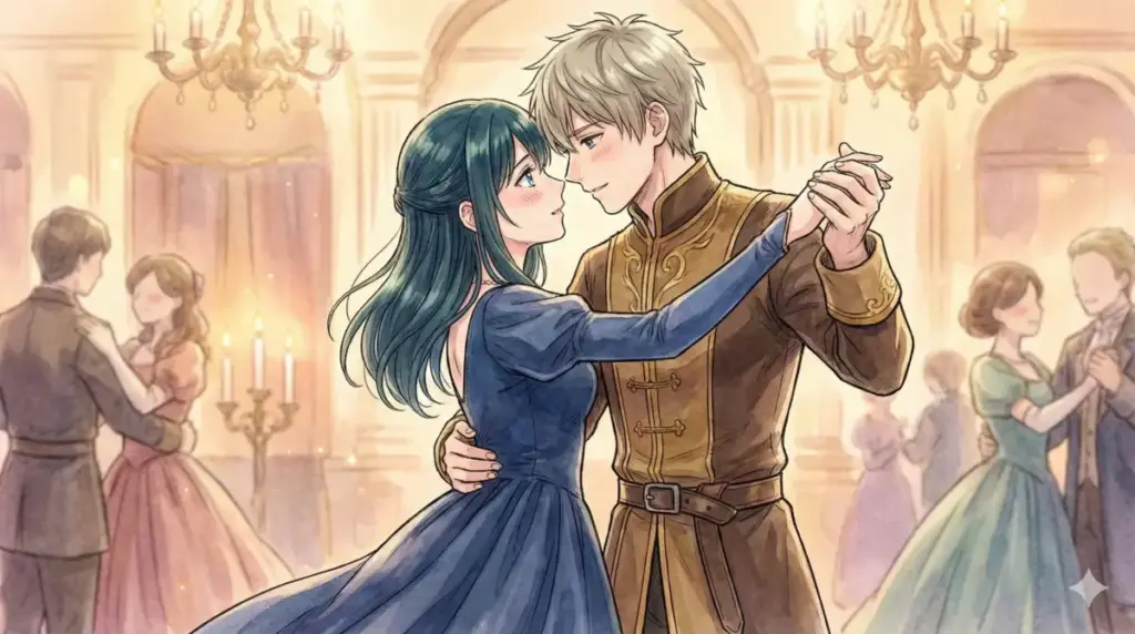 社交会でドレス姿のフェルンとシュタルクが手を取り見つめ合うアニメ15話のダンスシーン考察