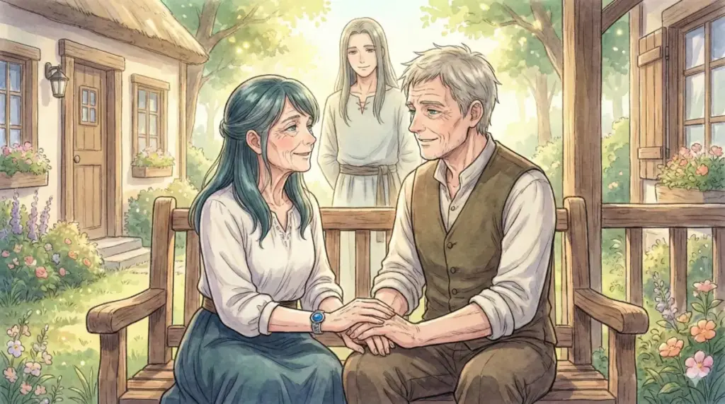 年老いたフェルンとシュタルクが手を取り合いフリーレンが見守る最終回の結婚未来予想図