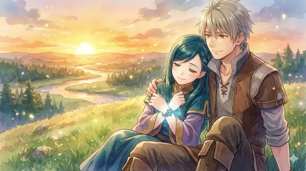夕暮れを背に寄り添うフェルンとシュタルクが久遠の愛情へと向かう関係性を描いたまとめ画像